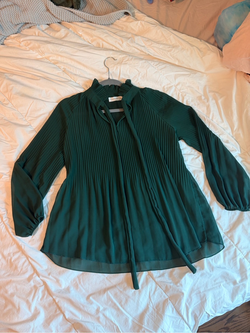 Pleated Tie-Neck Blouse in Deep Green